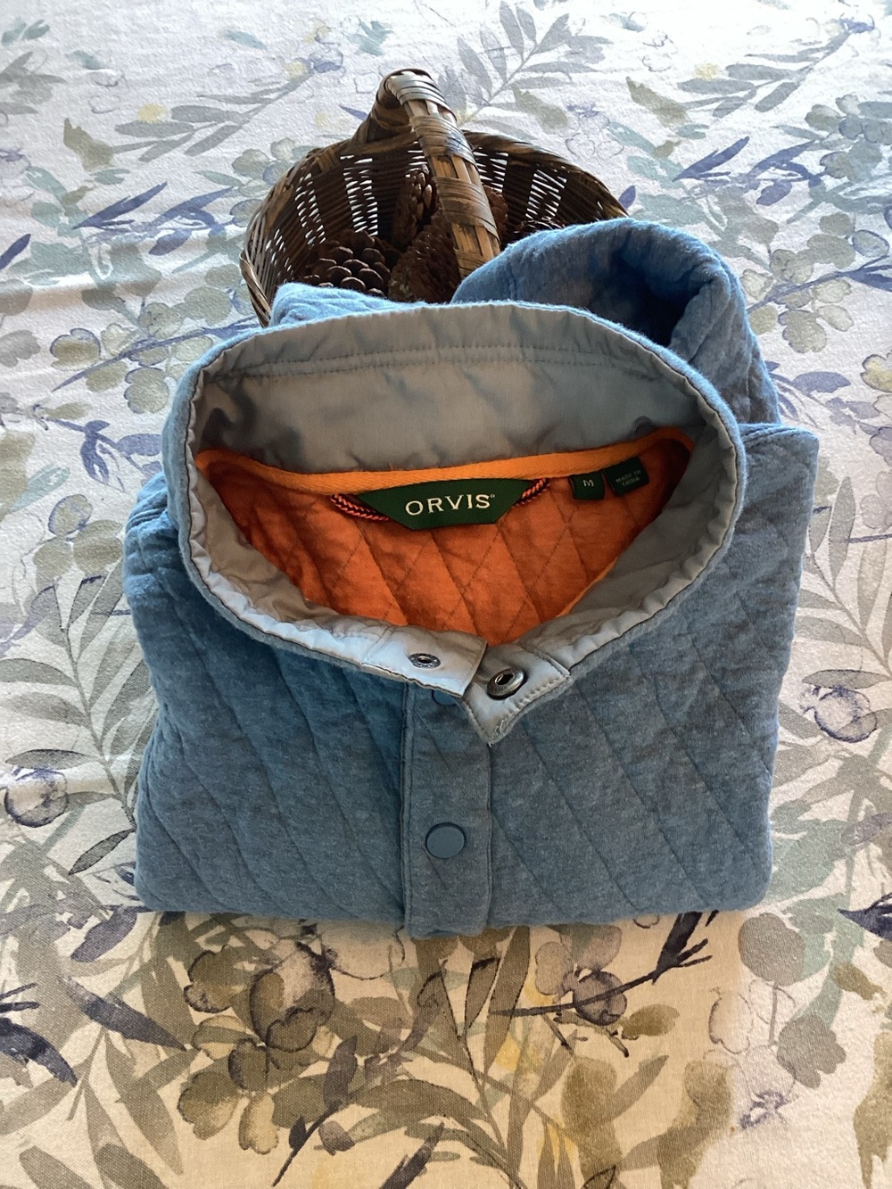 Orvis Mens Quilted Snap Neck Pullover Sweatshirt Medium Blue Orange Cotton